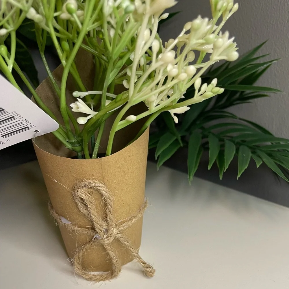 Faux Floral arrangements, Small white flower bouquets with rope bow, Set of 2